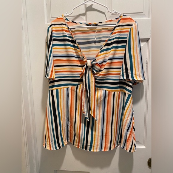 bloomchic Tops - Striped Multicolor Tie-Front Top